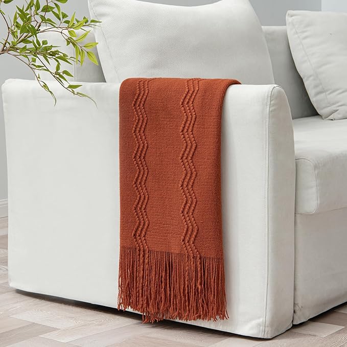 MIULEE Fall Rust Knitted Throw Blanket for Couch Terracotta Boho Textured Cozy Woven Rustic Blanket with Tassels for Sofa Chair Bed Living Room Farmhouse Decor Acrylic Wave Pattern 50"x60"-Ruum Studio Home