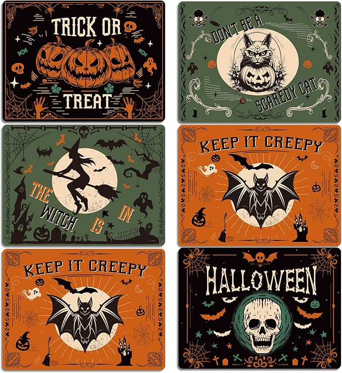 Halloween Placemats Set of 6 Gothic Bat Plastic Table Mats Pumpkin Witch Skull Ghost Halloween Place Mats Washable Vinyl Rustic Table Decoration for Indoor Outdoor Party Kitchen Dining-Ruum Studio Home