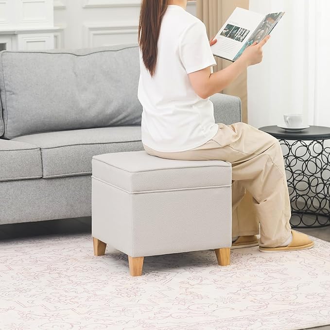 Adeco 17.5" Square Fabric Ottoman with Storage - Upholstered Cotton Linen Foot Rest - Flip Top Footstool with Sturdy Wood Legs, Small Cube Coffee Table Extra Seat for Living Room, Bedroom, White-Ruum Studio Home