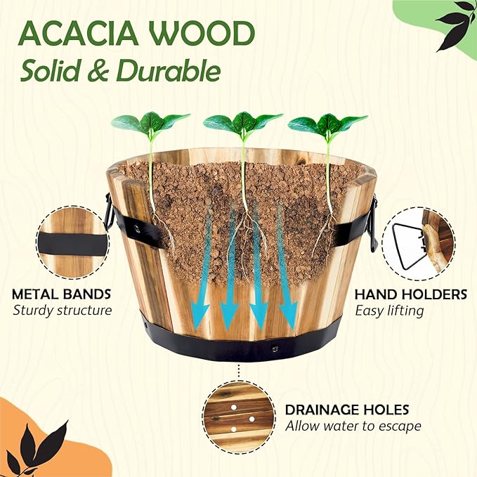 Idzo Set of 3 Wooden Flower Boxes Outdoor, Durable Acacia Wood Barrel Planters for Outdoor Plants with Ergonomic Handles, Drainage Holes, Multiple Sizes Wood Bucket Planter for Home Decor-Ruum Studio Home