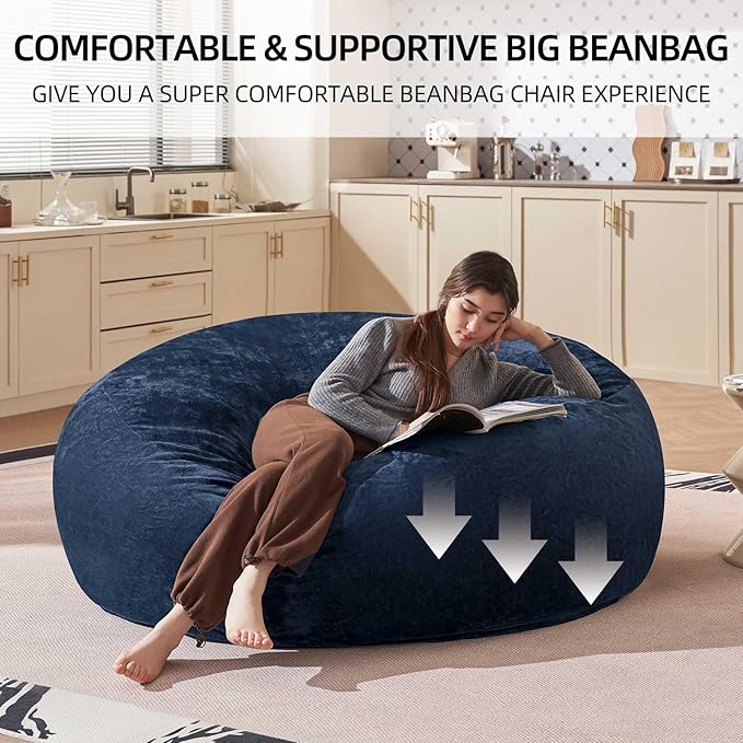 Bean Bag Chair 6Ft, Memory Foam Filled, Large Beanbag Chairs for Adults and Teens, Soft Sofa with Removable Flannel Cover, Round Couch for Living Room Bedroom College Dorm (Blue, 6FT-67×67"×24")-Ruum Studio Home
