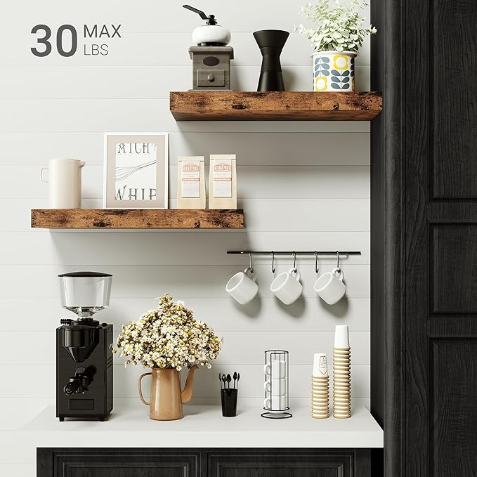Floating Shelves for Wall, 16 inchs x 6.7” deep x 1.4” Bathroom Shelf Bedroom, Living Room, Kitchen, Farmhouse Decor, Rustic Wood Wall Shelves with Invisible Brackets - Set of 2, Rustic Brown-Ruum Studio Home