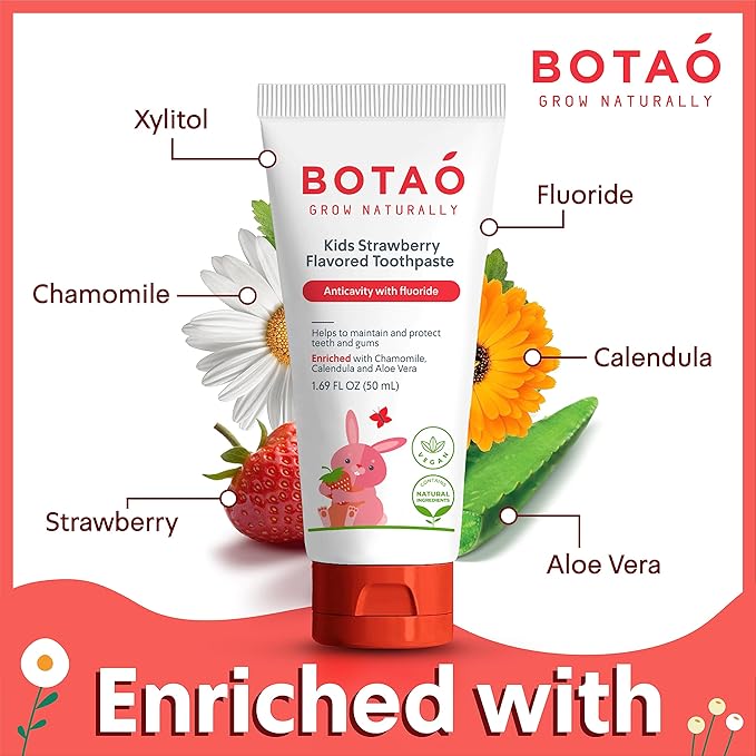 Kids Natural Strawberry Flavored Anticavity Fluoride Toothpaste Maximum Cavity Protection Cleans Children’s Teeth Protects Gums Chamomile Aloe Vera Calendula Xylitol for Ages 2 and Up-Ruum Studio Home