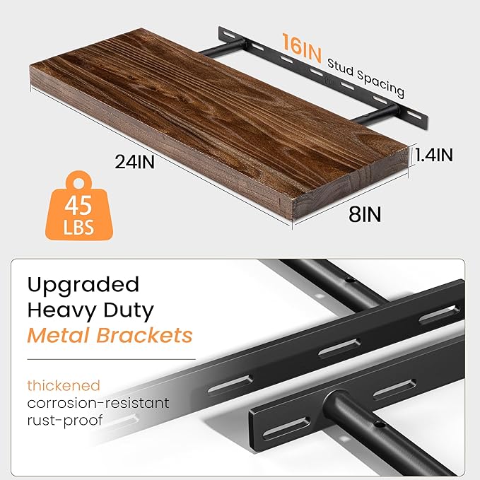 Fun Memories Floating Shelves for Wall, 24 Inch Floating Shelves Wall Mounted, Rustic Elm Wood Shelf, Heavy-Duty Storage Shelves for Books, Bathroom, Kitchen, Walnut Finish, Set of 2-Ruum Studio Home
