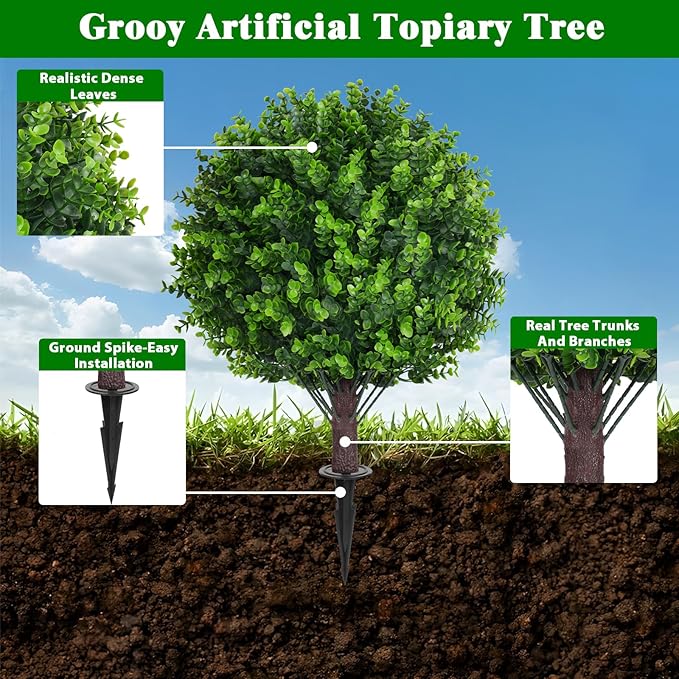Artificial Topiary Tree with Eucalyptus, Set of 2 Artificial Shrub Bushes with Ground Spike, Fake Evergreen Tree for Porch, Artificial Plants for Outdoor Planters Indoor UV Resistant-Ruum Studio Home