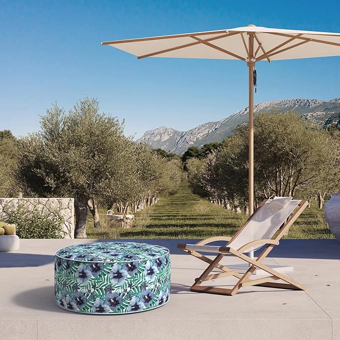Inflatable Ottoman Stool D31 xH14 for Outdoor/Indoor Use, Water Repellent Patio Foot Rest with Portable Handle,Round Pouf Ottoman Suitable for Garden,Deck and Camping - Blue Salmone Tropical-Ruum Studio Home