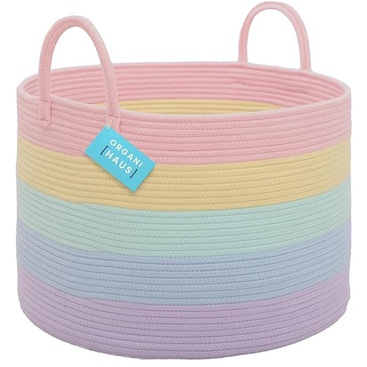 OrganiHaus Cute Basket for Pastel Rainbow Classroom Decor 20x13, Toy Basket Storage for Kids Room, Toy Bins for Kids Organizer, Large Blanket Basket Living Room, Rainbow Storage Bins, Nursery Hamper-Ruum Studio Home