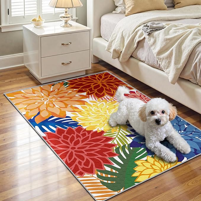 Area Rug 2x3 Washable Entry Small Rug Multicolored Tropical Botanical Modern Floral Indoor Kitchen Door Mat Entrance Carpet Non Slip for Bedroom Living Room, Porch-Ruum Studio Home