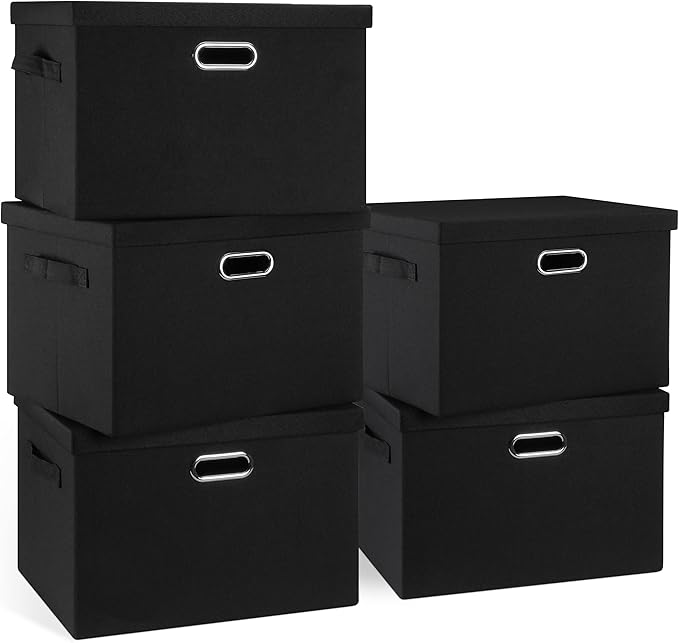 Large 17" 36 Quart Collapsible Stackable Storage Bins with Lids, 5 Packs Black Linen Fabric Closet Boxes with Lids, Storage Cube Baskets Container Organizers for Bedroom Office(17 x12 x11)-Ruum Studio Home