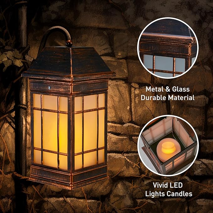 14" Solar Lantern Outdoor Waterproof, Glass Flickering Flame Solar Lanterns, Hanging Metal Lantern Decorative for Patio Front Porch Garden Backyard Tabletop Party Decoration-Ruum Studio Home