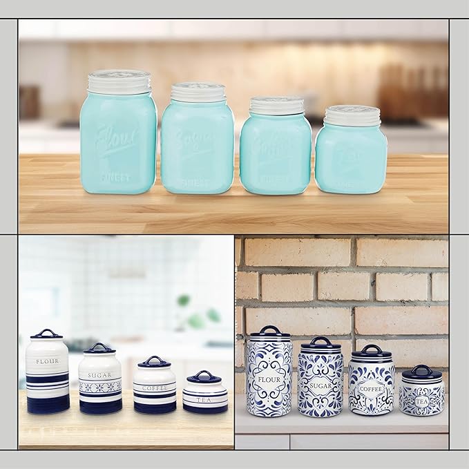 Young's Inc. 4 Pcs Set Vintage Ceramic Canisters- Storage Container for Kitchen and Bathroom - Beautiful Home Decor Accent to Store Food, Coffee, Tea, and More - Sky Blue-Ruum Studio Home