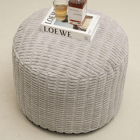 Round Stuffed Pouf Ottoman for Foot Rest, Storage Ottoman Pouf Foot Stool Cushion, Faux Fur Poufs with Foam Chunk Filling, 26 X 18 Inch Floor Chair for Living Room Bedroom Home Decor, Light Gray-Ruum Studio Home