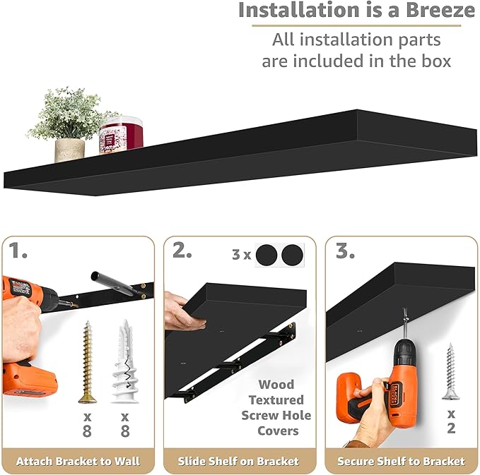 Sorbus Floating Shelves for Wall - 48 Inch Long Bathroom Shelves, Wall Decor for Bedroom, Kitchen, Living Room & Book Storage - Mounted Floating Shelf with Invisible Brackets (Black, 2 Pack)-Ruum Studio Home