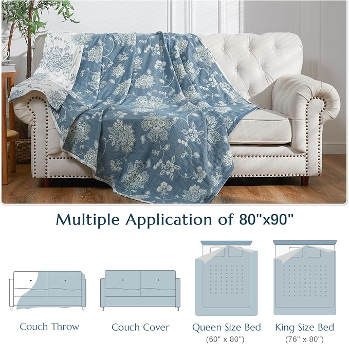 jinchan Boho 100% Cotton Muslin Queen Size 80x90 Inches Blanket Lightweight 4-Layer Quilted Soft Blue and White Floral Throw Blanket Green Accents Reversible Comfy Flower Rustic Summer Couch Bedroom-Ruum Studio Home