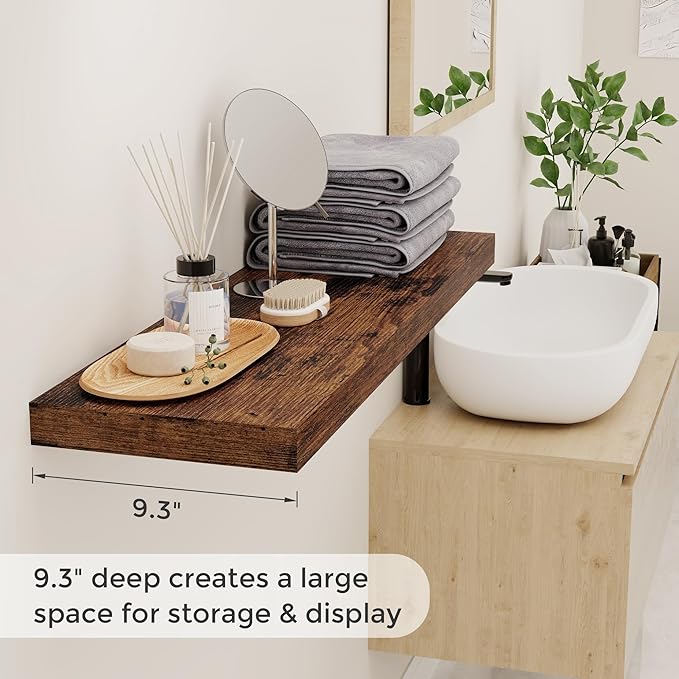 Fun Memories Rustic Wood Floating Shelves for Wall, 36 x 9 Wall Shelves Set of 2, Deep Floating Shelf for Kitchen, Living Room Storage & Display, Deep Wooden Bookshelf, Rustic Brown Color-Ruum Studio Home
