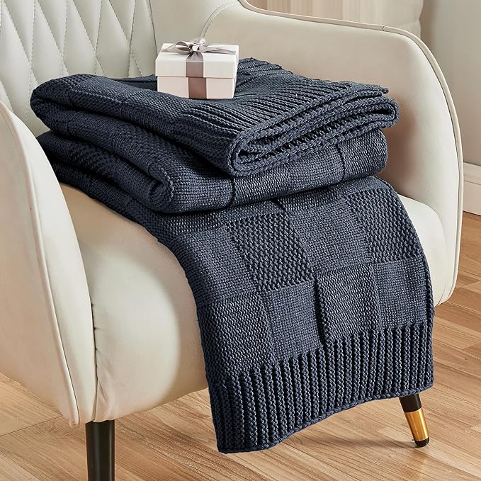 CozeCube Check Knit Throw Blanket, Midnight Navy Checkered Throw for Couch, Decorative Christmas Soft Cozy Warm Knitted Blanket for Bed Sofa Living Room, 50"X60"-Ruum Studio Home
