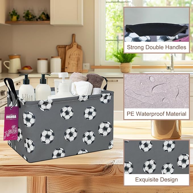Rectangular Storage Basket Fabric Organizer Bin for Toys,Books,Clothes,Gifts,Pets-Perfect for Home,Office,Nursery,Dorm,Shelf(Rec-grey football )-Ruum Studio Home