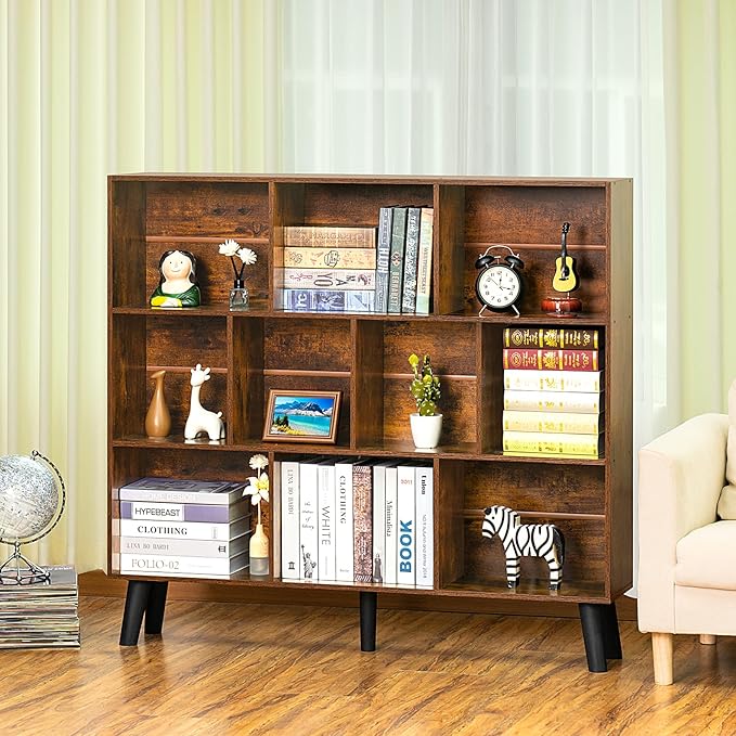 LEYAOYAO 10 Cube Bookshelf,3 Tier Modern Wide Bookcase with Legs,Mid-Century Wood Bookshelves Storage，Brown Large Book Case,Freestanding Organizer Display Shelf for Bedroom,Living Room,Office-Ruum Studio Home