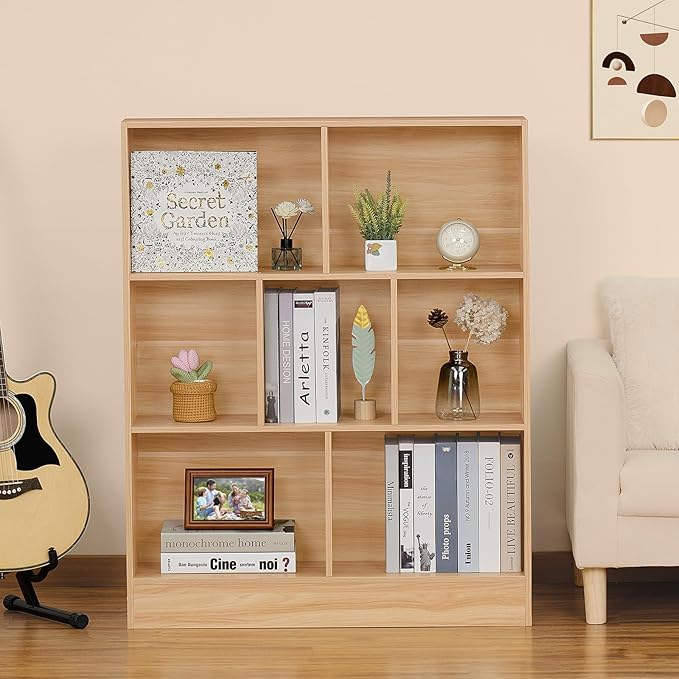 LEYAOYAO 7 Cube Bookshelf with Base,3 Tier Mid-Century Modern Natural Bookcase,Standing Wide Bookshelves Storage Organizer Shelf,Rustic Wood Display Cabinet Book Shelves for Bedroom,Living Room,Office-Ruum Studio Home