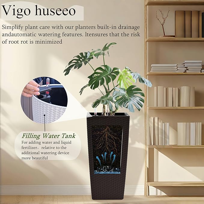 2Pcs 23in High Large Plant Pots Planter-Self-Watering,Modern Planter with Drain Holes,Water Level Monitor,Inner Bucket for Indoor/Outdoor Front Porch Patio,Brown Rattan-Ruum Studio Home