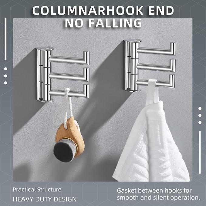 Angle Simple Swivel Towel Hooks for Bathroom, SUS 304 Stainless Steel Foldable 3 Arms Hand Towel Holder, Coat Wall Hooks, Polished Chrome, 2 Pack-Ruum Studio Home
