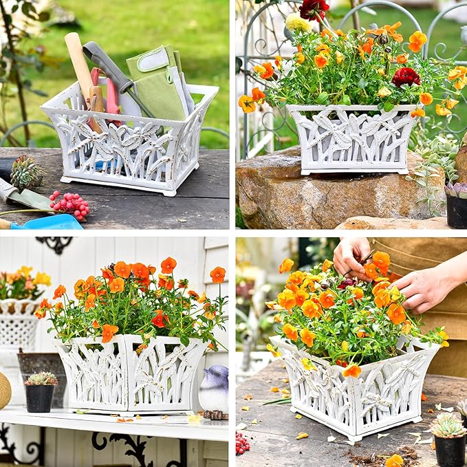 Sungmor Heavy Duty Cast Iron Planter Basket w/Non-Woven Growing Bag, Unique Shape & Beautiful Pattern Design, Hollow Orchid Flower Pot Garden Tools Holder, Rust White French Country Decor Container-Ruum Studio Home