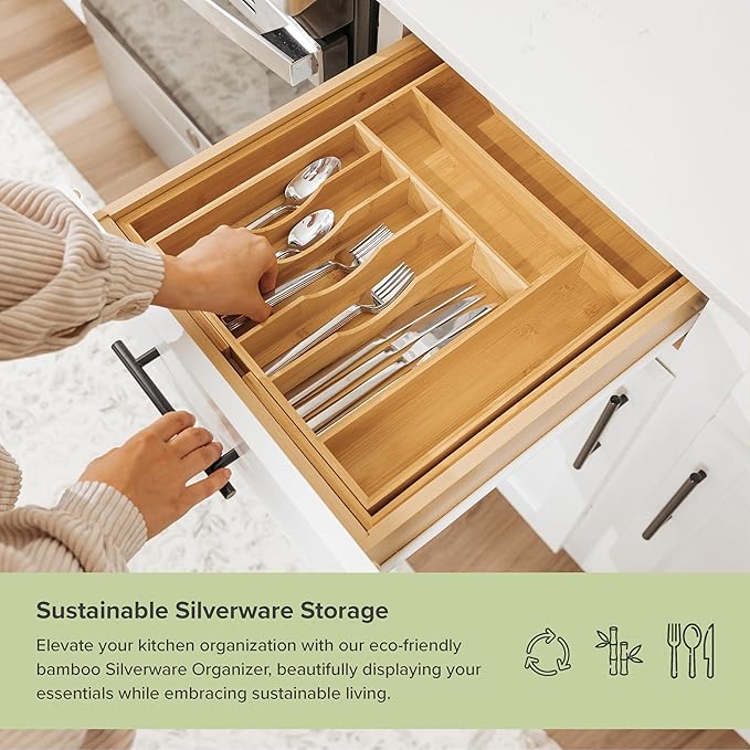 Premium Silverware, Flatware and Utensil Organizer for Kitchen Drawers, Food-Safe Contract Grade, Expandable from 14 to 25 In, Natural Bamboo-Ruum Studio Home