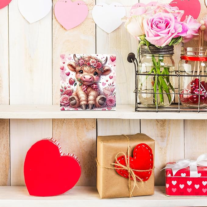 Valentines Day Decor Valentines Day Decorations Valentines Day Office Decor Valentines Day Table Decor Pink Valentines Day Decorations Highland Cow Gifts for Boyfriend Girlfriend, Wooden Decor Sign-Ruum Studio Home