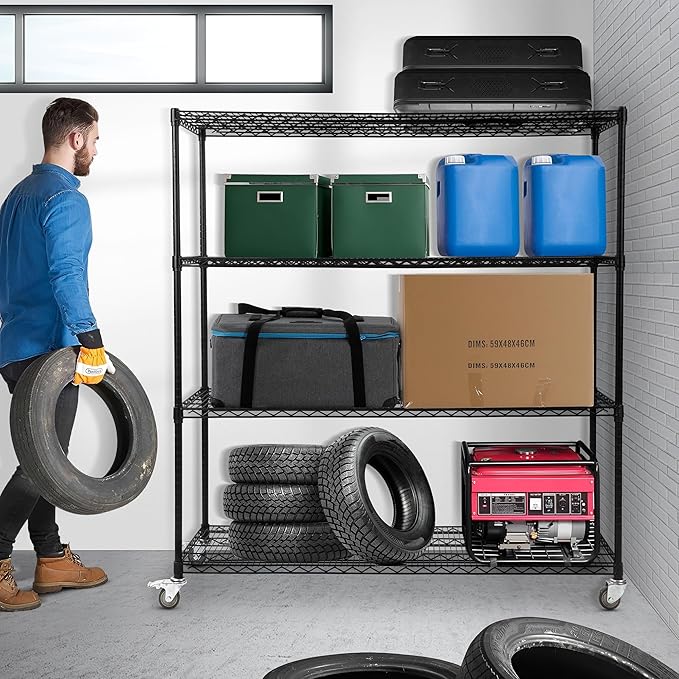 Rengue 4-Tier Wire Shelving with Wheels, 60"x 24"x72" Metal Storage Shelves, Heavy Duty Garage Storage Shelves, Chrome 2400LBS Capacity Wire Shelf Rack for Restaurant, Garage, Pantry, Black-Ruum Studio Home