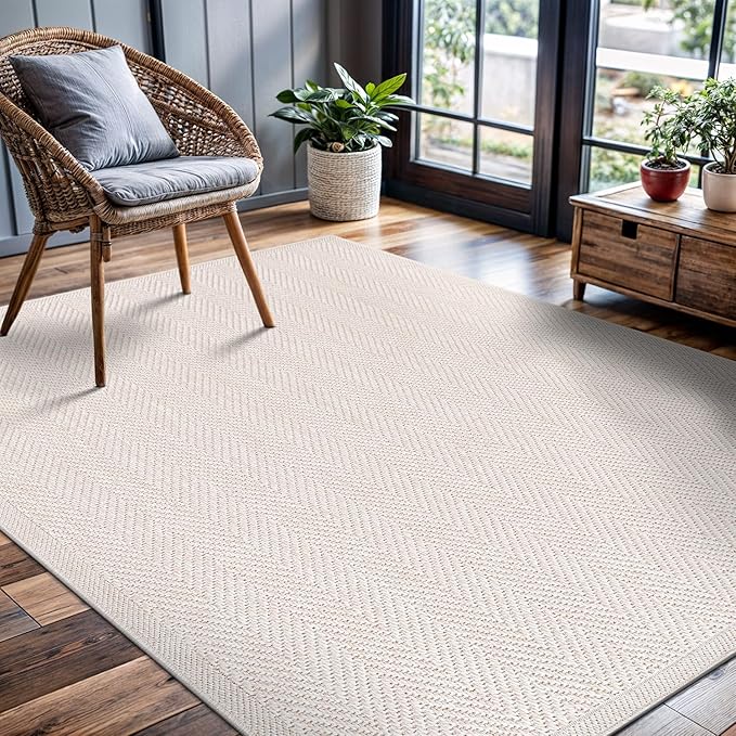 CAMILSON Easy Jute Rug 5x7, Indoor Outdoor Off-White Color Fiber Area Rugs for Living Room Patio and Kitchen Rug Herringbone Seagrass Woven Design Easy-Cleaning Washable Outside Carpet Alfombras 5 x 7-Ruum Studio Home