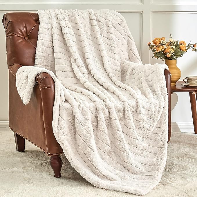 BEDELITE Faux Fur Throw Blanket for Couch, Soft and Cozy 3D Ribbed Fluffy Blanket, Thick Warm Plush Fuzzy Faux Rabbit Fur Blanket for Women Gift (Beige, 50"x 60")-Ruum Studio Home