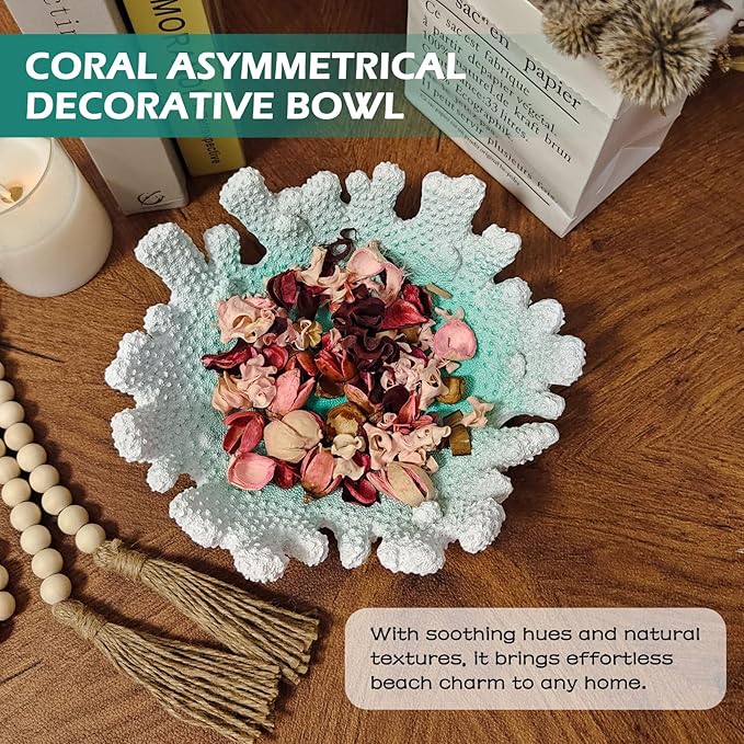 Turquoise Coral Textured Decorative Bowl,9.45" Medium Resin Decorative Centerpiece Bowl for Coastal Beach theme house table centerpiece decorations & Nautical decorations for coffee table-Ruum Studio Home