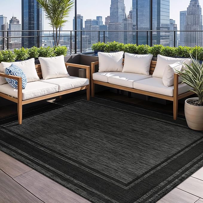 Beverly Rug Outdoor Rug 8x10 Modern Bordered Area Rugs for Indoor and Outdoor Patio Deck Porch Garden Waterproof Weather Sun Resistant Washable Outside Carpet (8 x 10 Black)-Ruum Studio Home