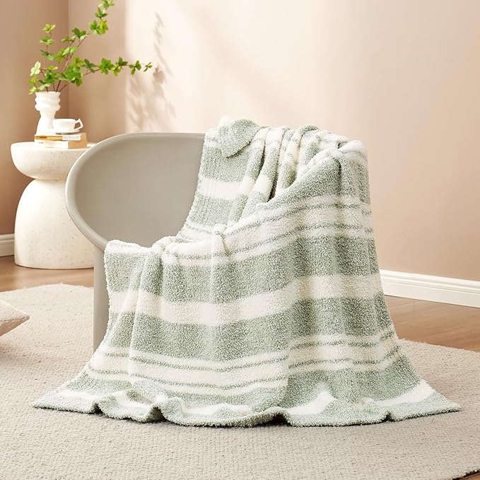 Snuggle Sac Stripe Sage Green Throw Blanket for Couch, Super Soft Warm Blankets Cozy Knit Fuzzy Plush Lightweight Throws for Sofa, Bed,Living Room, Stripe Green, 50x60 inches-Ruum Studio Home