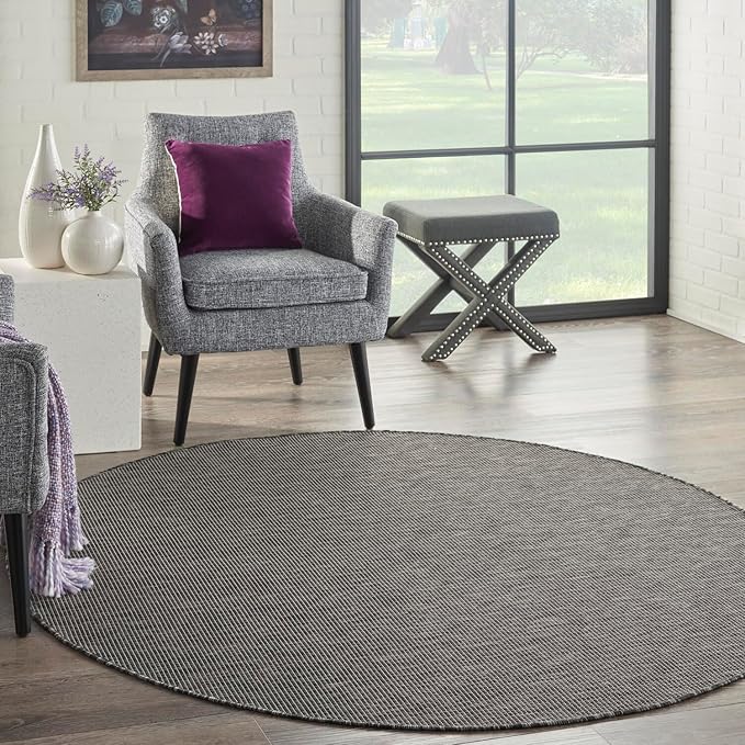 Nourison Positano Indoor/Outdoor Charcoal 6' x Round Area Rug, Easy Cleaning, Non Shedding, Bed Room, Living Room, Dining Room, Backyard, Deck, Patio (6 Round)-Ruum Studio Home