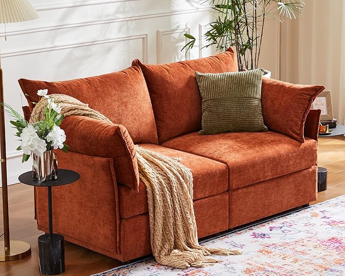 Oversized Loveseat Sofa, Modern Modular Sectional Couch Terracotta Orange Fluffy Chenille Mid Century 2-Seat 24.5" Deep Seat for Apartment, Living Room, Bedroom-Ruum Studio Home