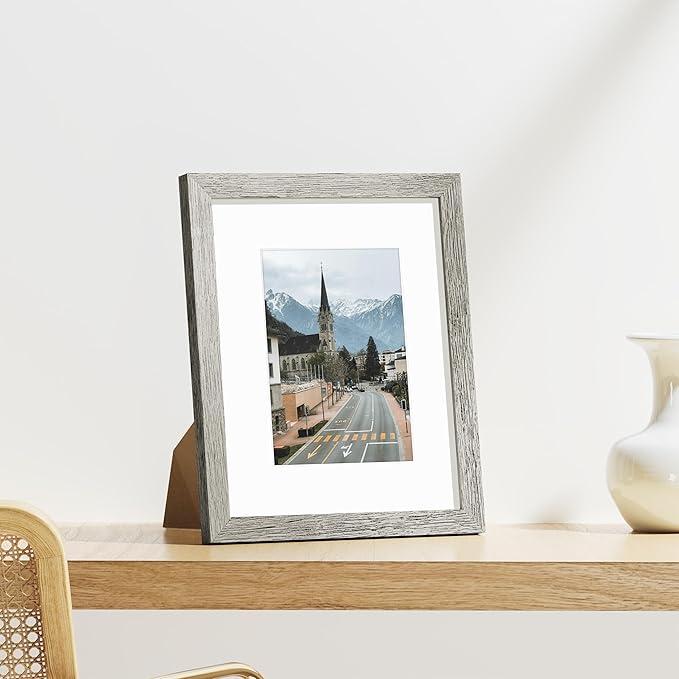 Vittanly 8x10 Picture Frames Set of 9, Shatter Resistant Plexiglass, Display 5x7 Pictures with Mat or 8x10 without Mat, Photo Frames for Wall or Tabletop, Engineered Wood, Grey-Ruum Studio Home