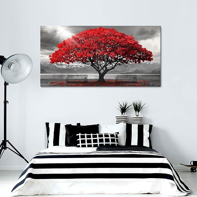 AJAZIKO Red Wall Art - Modern Framed Wall Art for Living Room - Red Tree Black and White Landscape Canvas Prints Posters & Prints for Home Office Bedroom Decorations - Large Wall Pictures 24×48IN-Ruum Studio Home