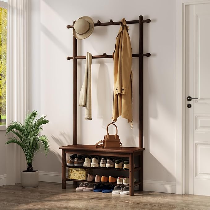 Hall Tree, Coat Rack with Shoe Storage, Wooden Hall Tree with Bench, 11 Hooks and 2-Tier Storage Shelves, Entryway Bench with Coat Rack (31.5" - Deep Walnut)-Ruum Studio Home