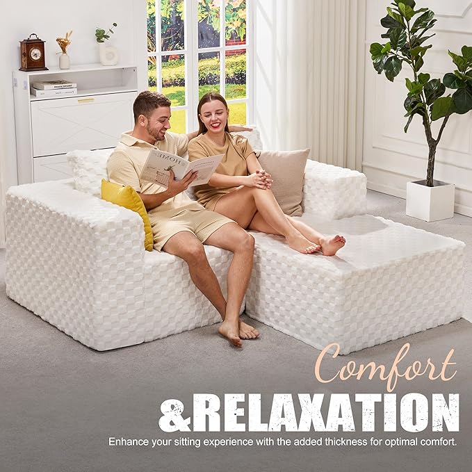Hobestluk Modular Sectional Sofa Memory Foam Couch L Shape Sofa for Living Room Loveseat with Chaise Lounge Cloud Couch with Removable Cover (Plush White, Loveseat with Chaise)-Ruum Studio Home