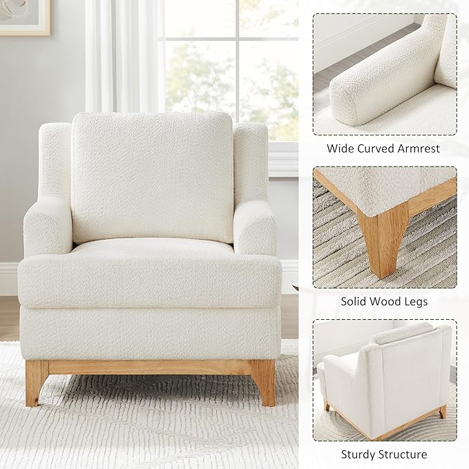 Oversized Accent Chair, Modern Boucle Armchair with Wood Legs, Modern Reading Chair with Thick Cushion, Comfy Chairs for Living Rooms, Bedrooms, Reading nooks and Apartments-Ruum Studio Home
