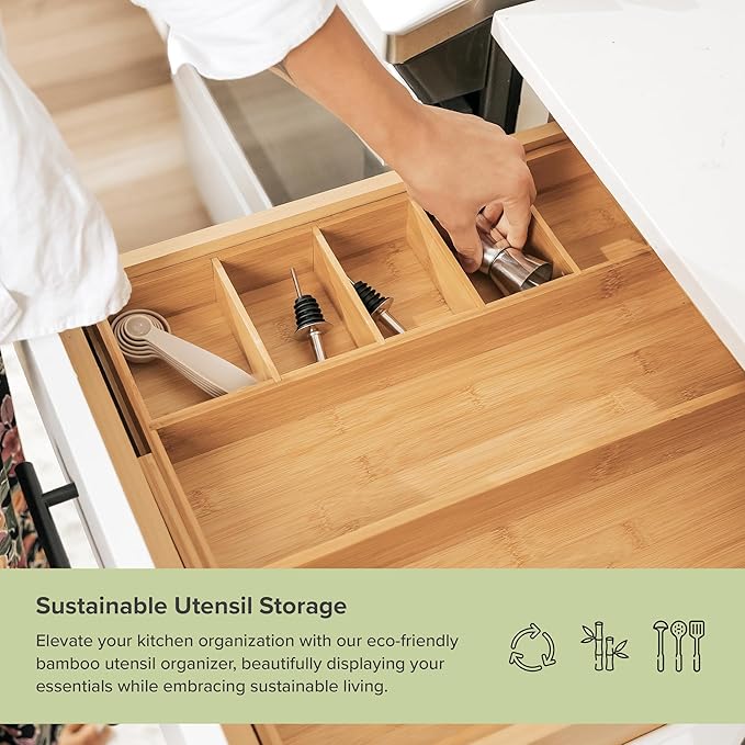 Adjustable Kitchen Drawer Organizer for Utensils and Junk, Food-Safe Contract Grade with 100% Sustainable Wood, Expandable from 10.5 to 19 Inches Wide - Natural Bamboo-Ruum Studio Home