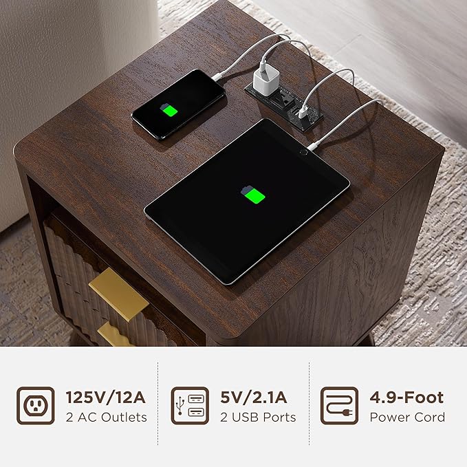 T4TREAM Fluted Nightstand Set of 2 with Charging Station, 18" Modern Side Table, 2 Drawers End Table with Storage, Bedside for Bedroom, Living Room, Curved Profile Design, Dark Walnut-Ruum Studio Home