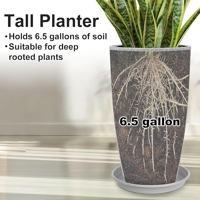 Tall Flower Pot Indoor - Outdoor Plant Pot - Gray Rough Planter - Elegant Stone Imitation - 12" Diameter 21" Tall with Drainage Holes and Saucer-Ruum Studio Home
