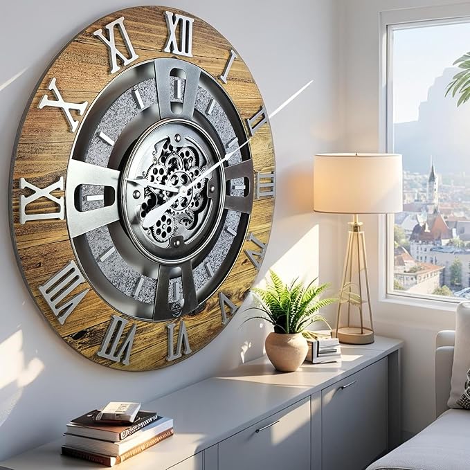 The Gears Clock Real Moving Gear Wall Clock England Line (Wood & Stone, 36 inches (90 cm))-Ruum Studio Home