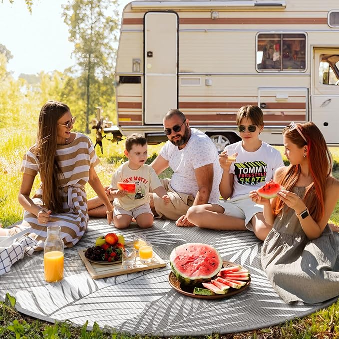 GENIMO Outdoor Rug 8' Round Waterproof for Patios Clearance, Reversible Outdoor Plastic Straw Camping Rug Carpet, Large Area Rugs Mats for RV, Camper, Deck, Balcony, Porch, Beach, Picnic, Grey&White-Ruum Studio Home