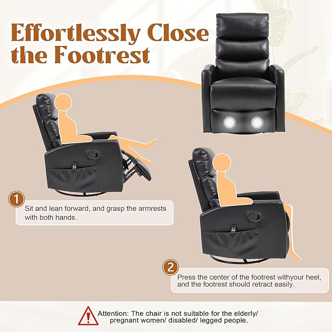 Manual Swivel Rocker Recliner Chair for Adults, Overstuffed Reclining Glider Chair for Nursing with Vibration Massage & Heat, Living Room Rocking Recliner 3-Stage backrest, Faux Leather Black-Ruum Studio Home