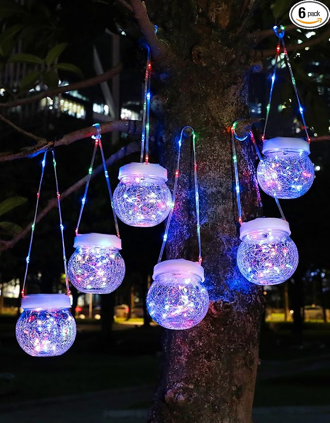 Solar Lantern Solar Lights Outdoor Waterproof 6-Pack, Solar Powered Hanging Lights Cracked Glass Hanging Globes for Christmas Decoration, Shepherd Hook, Garden Tree Ornaments,White Cap, Multi-Color-Ruum Studio Home