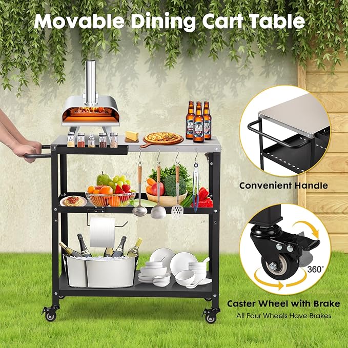 Outdoor Grill Cart Table,Indoor and Outdoor Pizza Oven Table,with 4 Movable Total Lock Casters, Hooks, Side Handle Multifunctional (Stainless Steel Table)-Ruum Studio Home