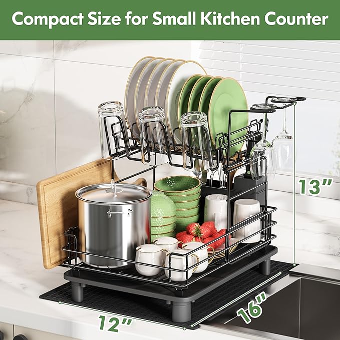2 Tier Black Large Stainless Steel Dish Drainers Drying Rack for Kitchen Counter with Drainboard, Rust Proof Metal, Space Saving, Modern Aesthetic, Compact Plates Strainers with Extra Mat-Ruum Studio Home